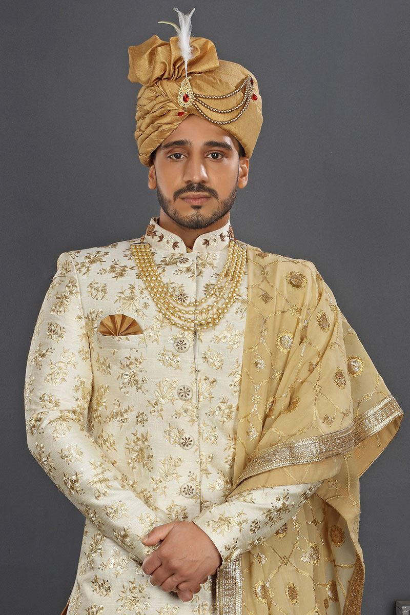 Attractive Cream Colored Designer Sherwani