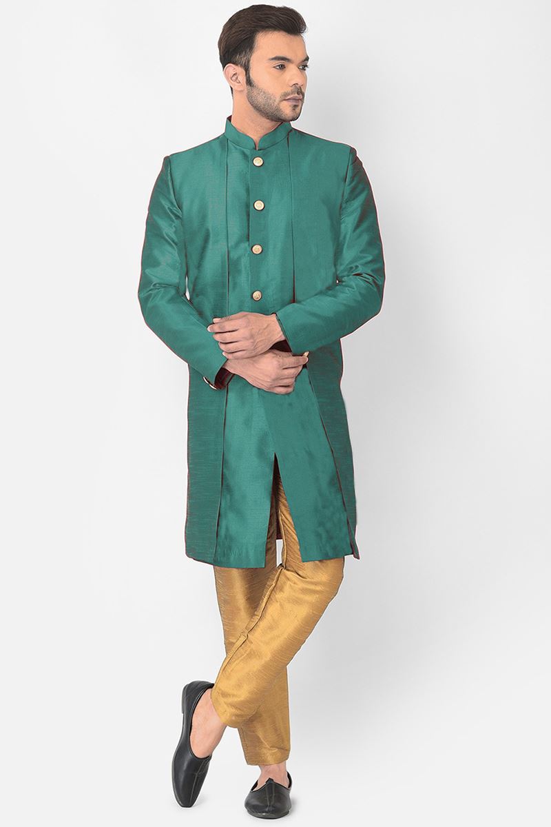Exquisite Rama Green Colored Designer Indo-Western Sherwani