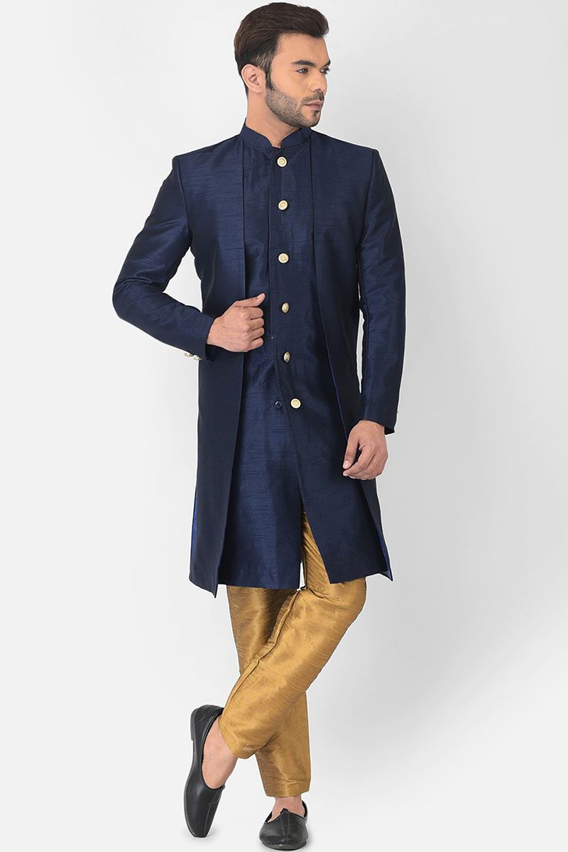 Charming Navy Blue Colored Designer Indo-Western Sherwani