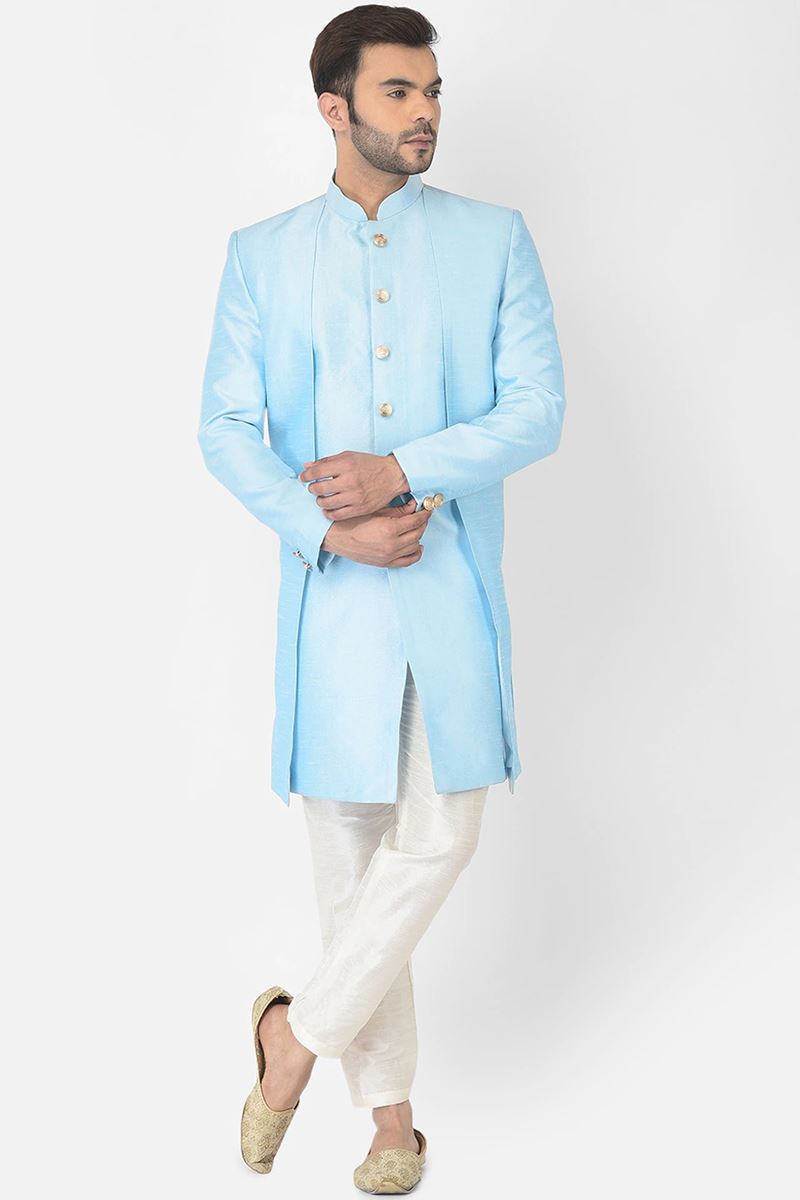 Classy Sky Blue Colored Designer Indo-Western Sherwani