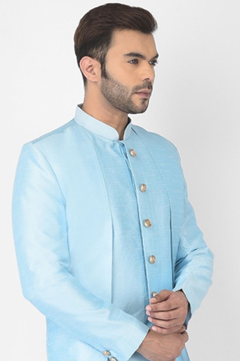 Classy Sky Blue Colored Designer Indo-Western Sherwani