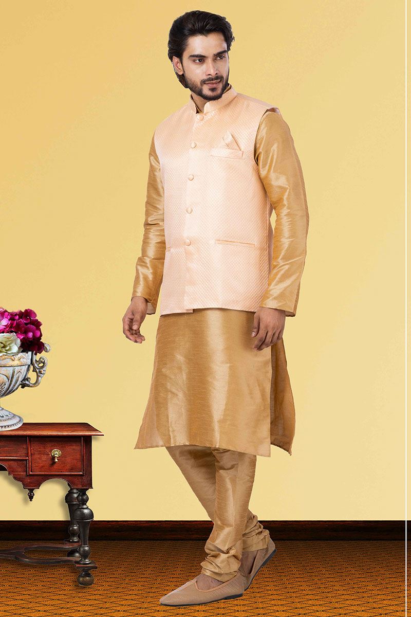 Classy Golden and Peach Colored Designer Kurta Set