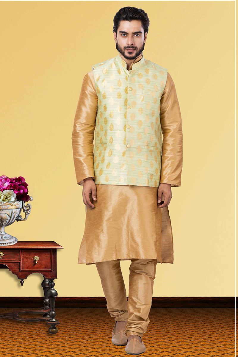 Exuberant Golden and Pista Green Colored Designer Kurta Set
