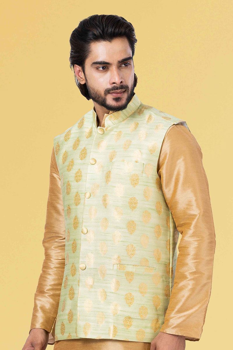 Exuberant Golden and Pista Green Colored Designer Kurta Set