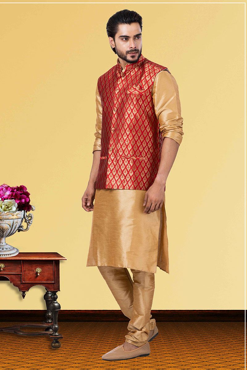 Exquisite Golden and Red Colored Designer Kurta Set