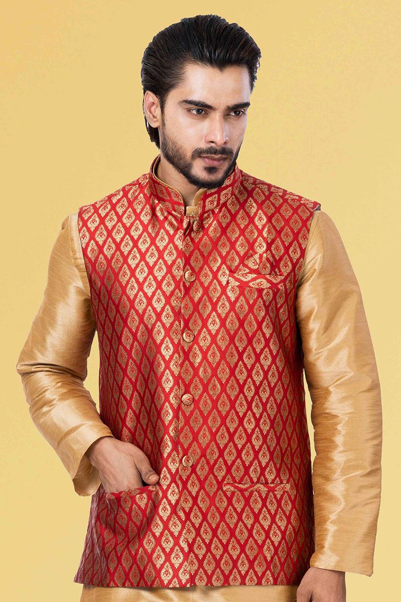 Exquisite Golden and Red Colored Designer Kurta Set