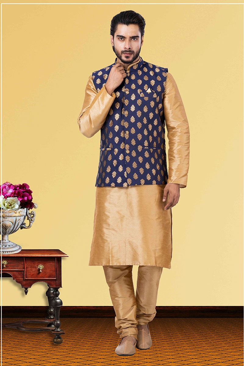 Enticing Golden and Navy Blue Colored Designer Kurta Set