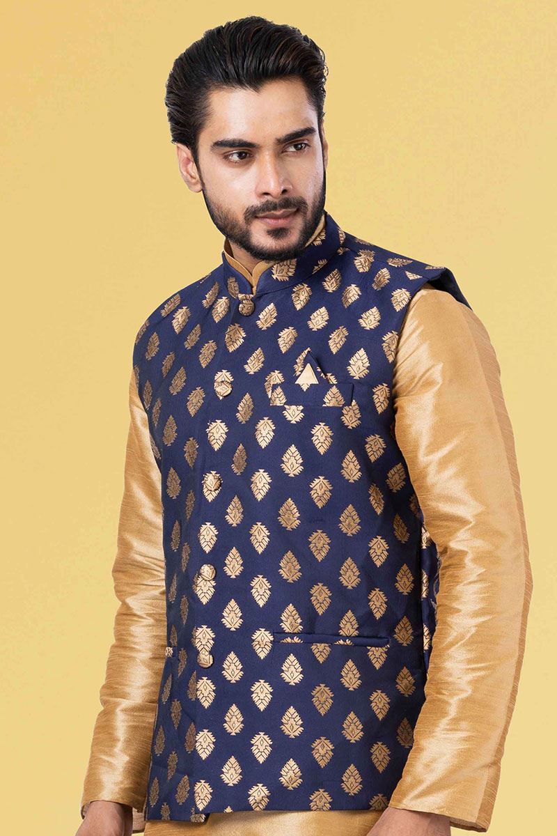 Enticing Golden and Navy Blue Colored Designer Kurta Set