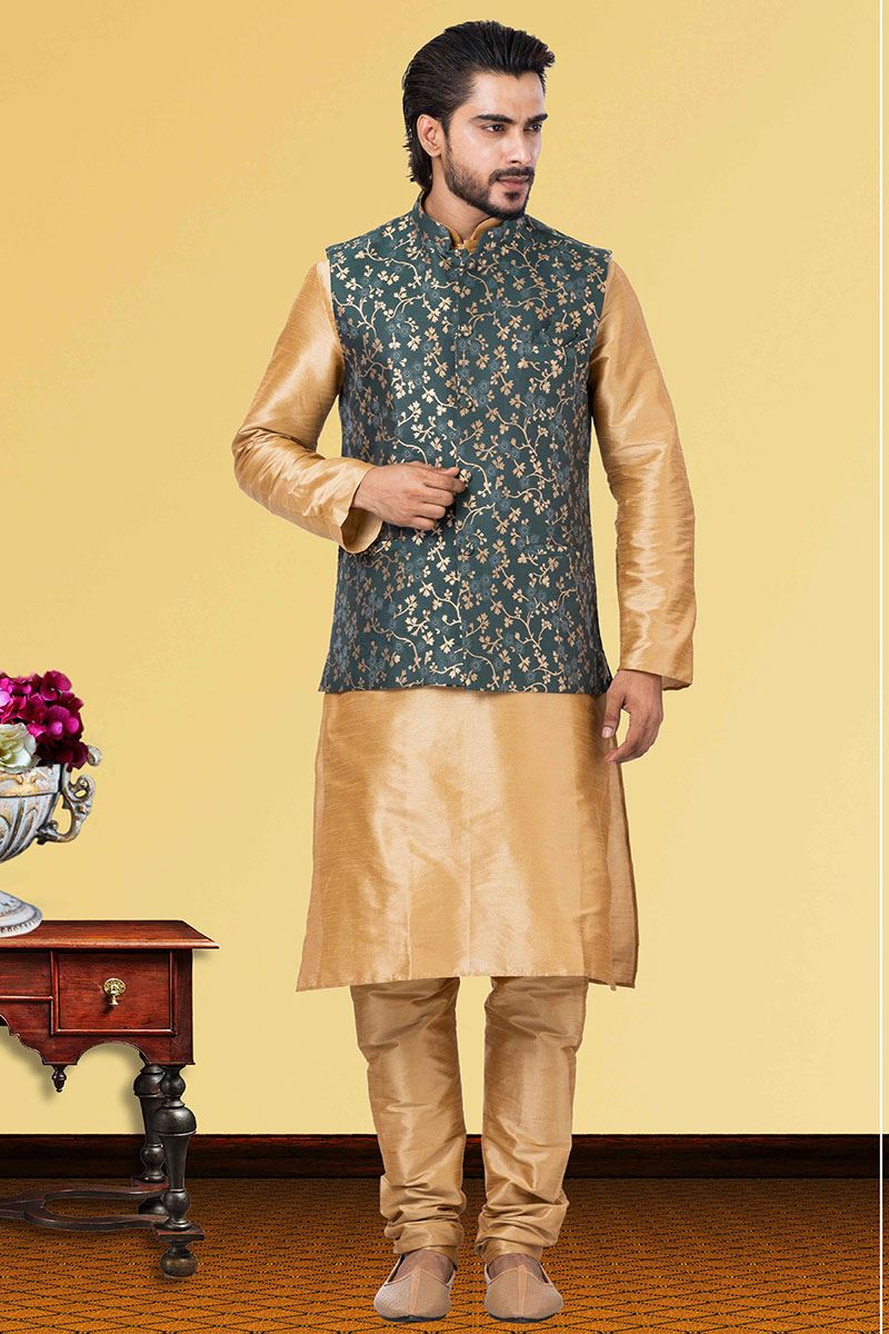 Delightful Golden and Teal Colored Designer Kurta Set