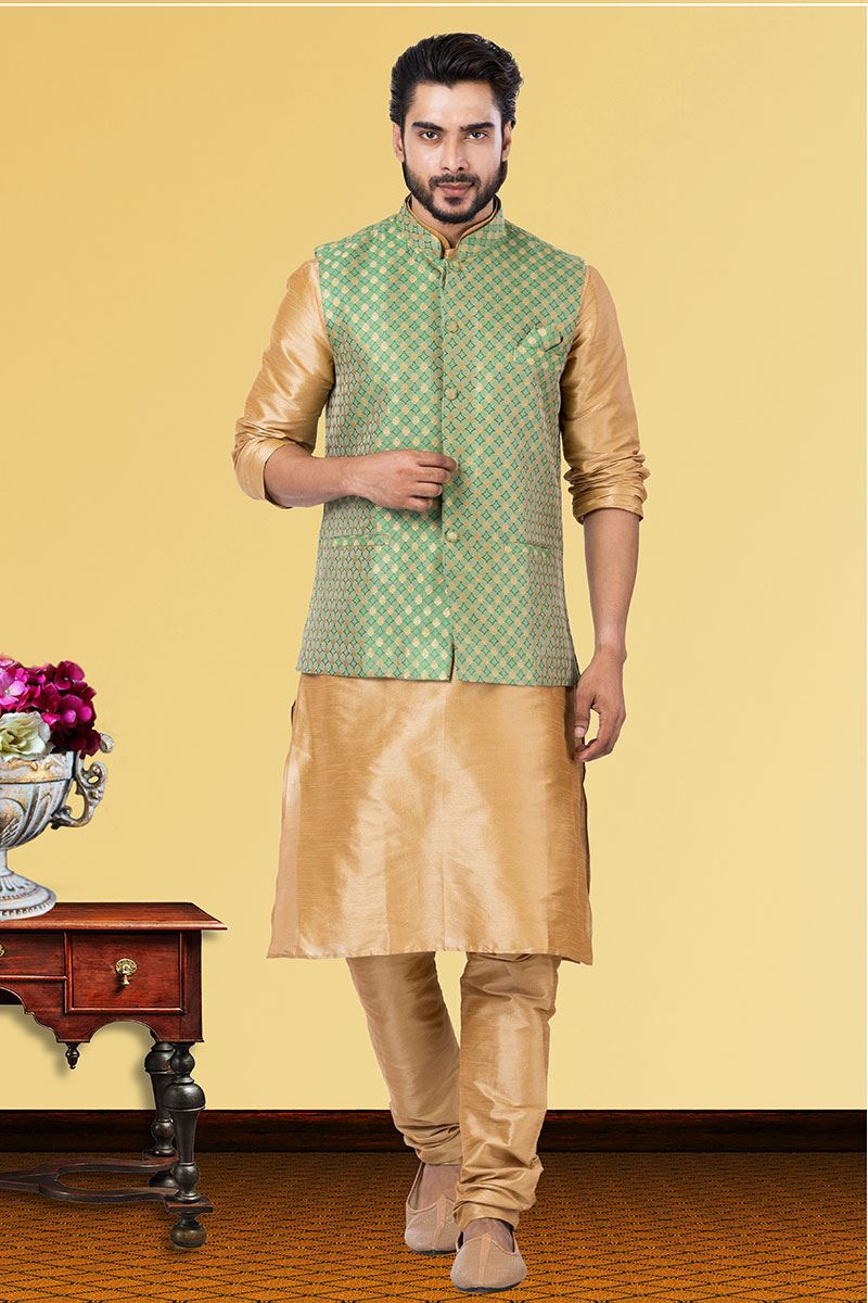 Impressive Golden and Mint Green Colored Designer Kurta Set