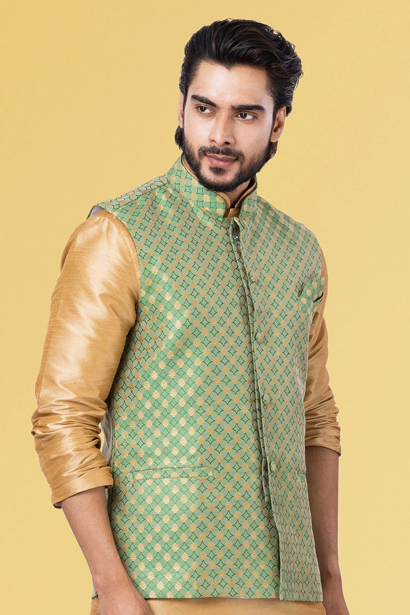 Impressive Golden and Mint Green Colored Designer Kurta Set