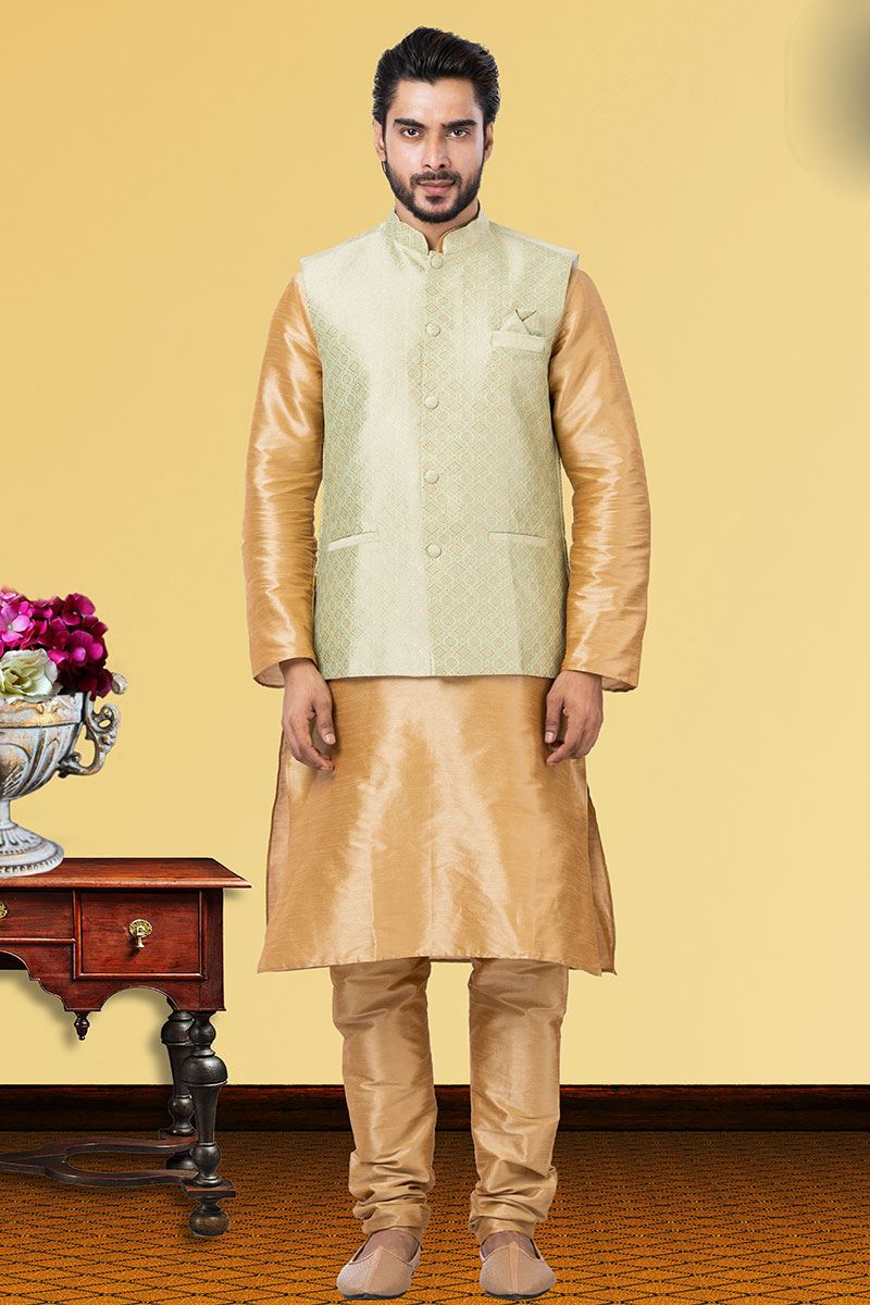 Amazing Golden and Pista Green Colored Designer Kurta Set