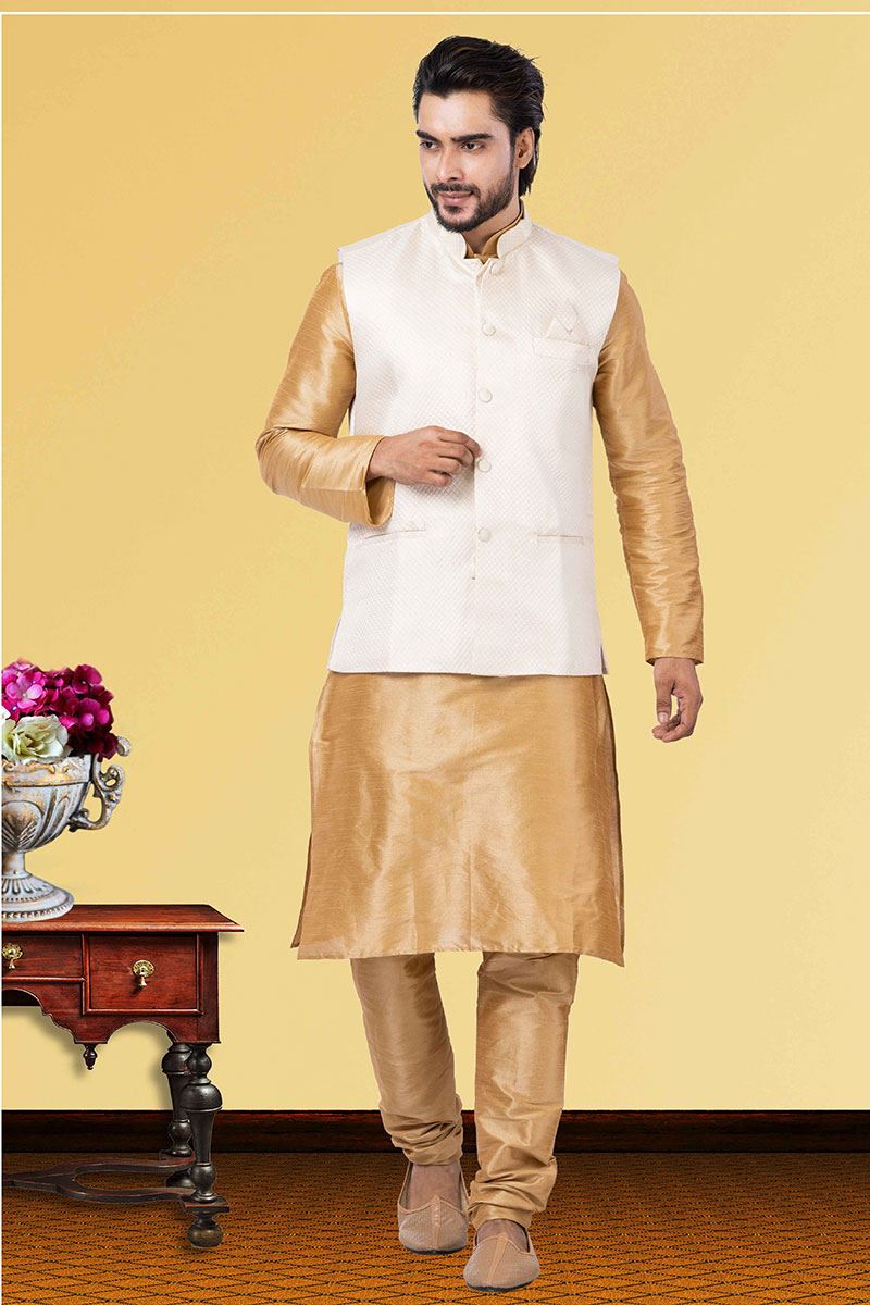 Vibrant Golden and White Colored Designer Kurta Set