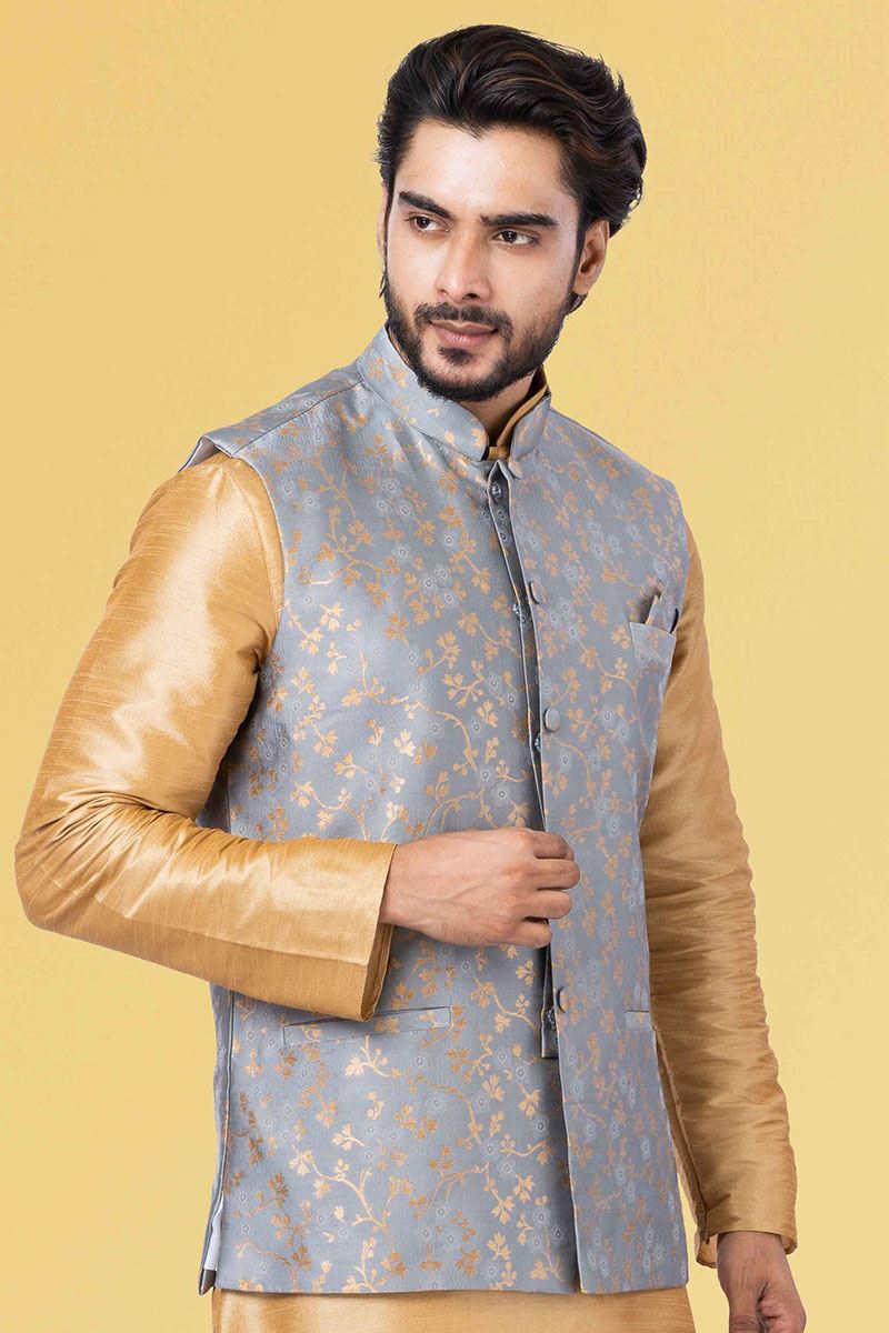 Charismatic Golden and Grey Colored Designer Kurta Set