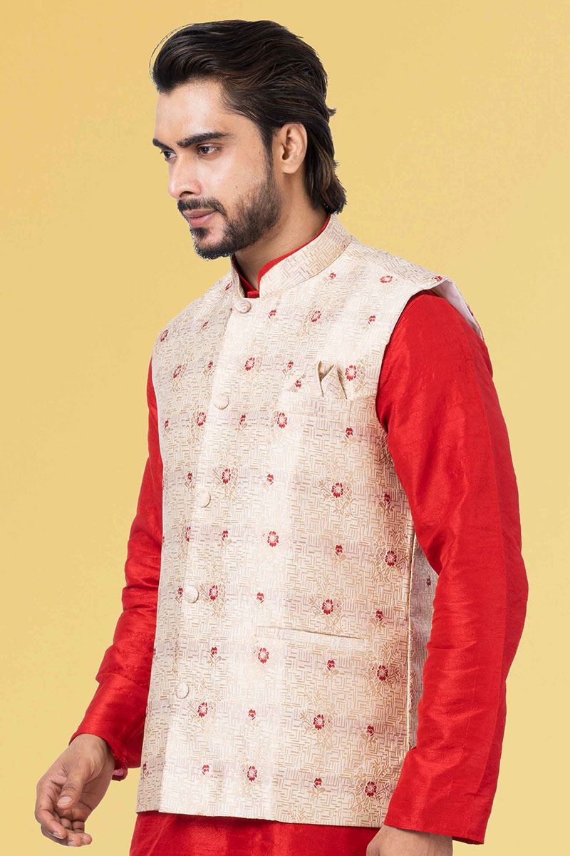 Captivating Red and Cream Colored Designer Kurta Set