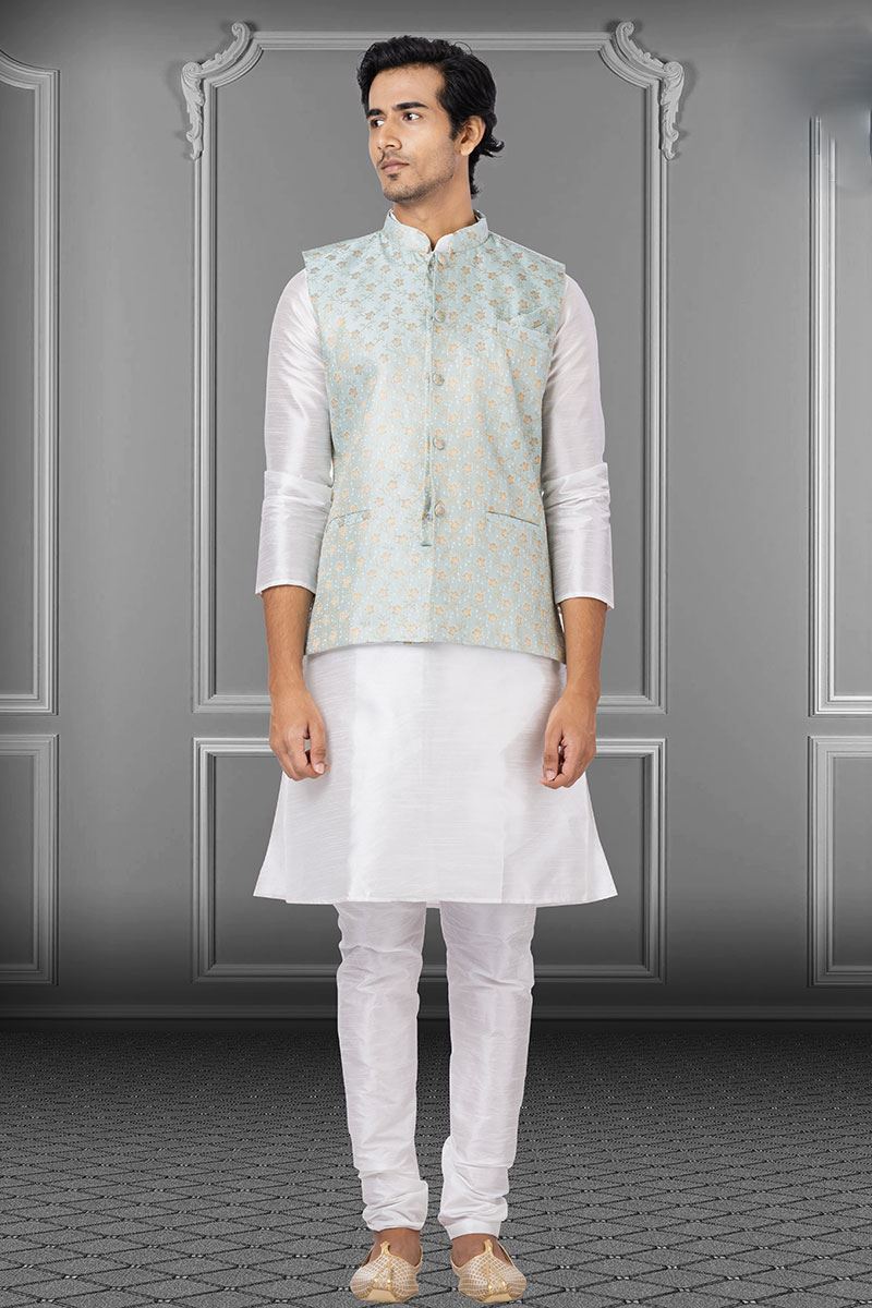 Attractive White and Pista Green Colored Designer Kurta Set