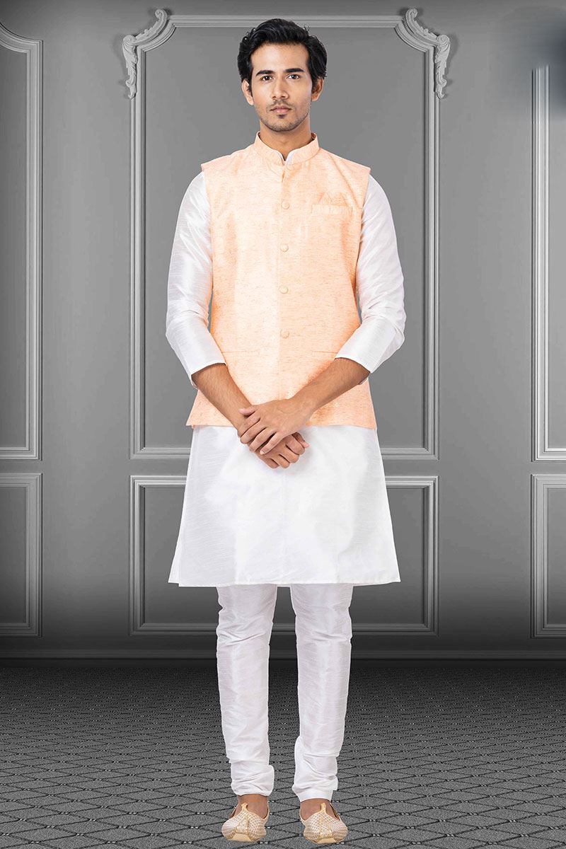 Dashing White and Peach Colored Designer Kurta Set