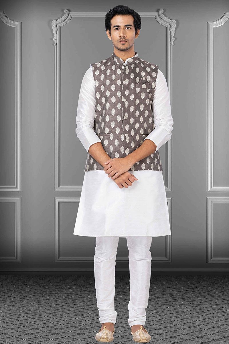 Fancy White and Brown Colored Designer Kurta Set