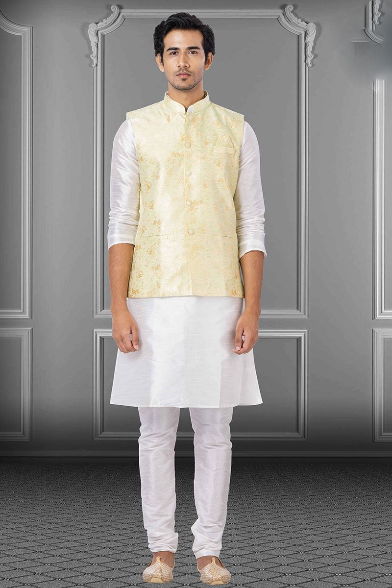 Charming White and Yellow Colored Designer Kurta Set