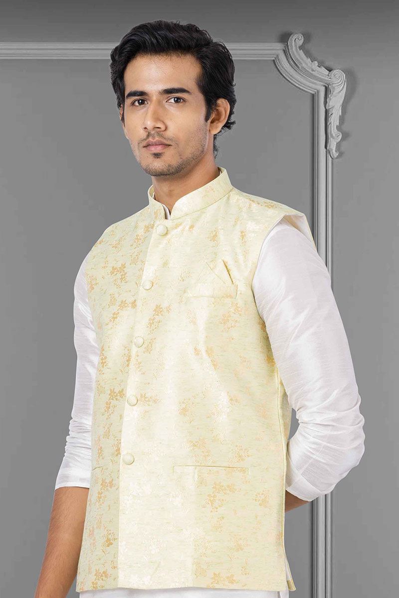 Charming White and Yellow Colored Designer Kurta Set