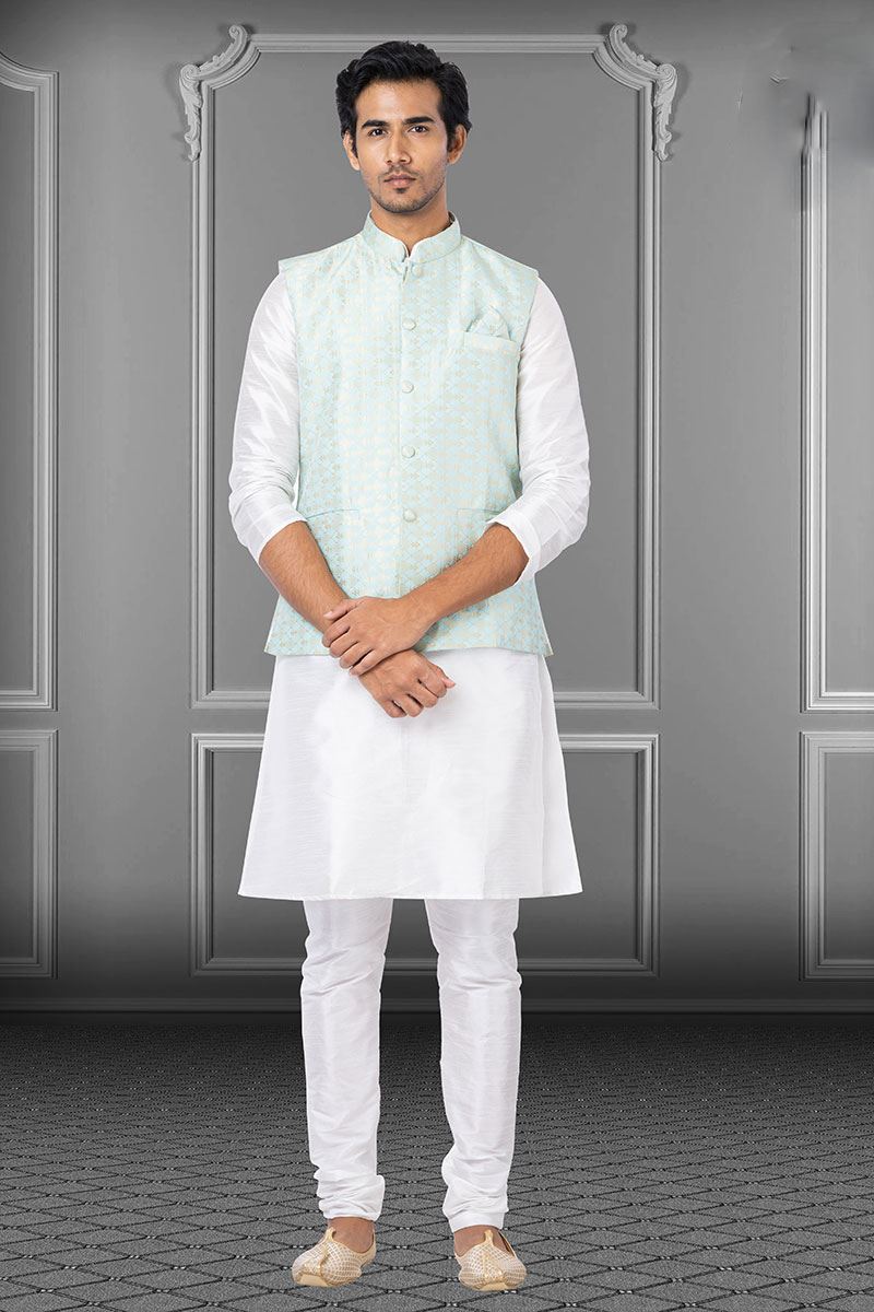 Aesthetic White and Mint Green Colored Designer Kurta Set