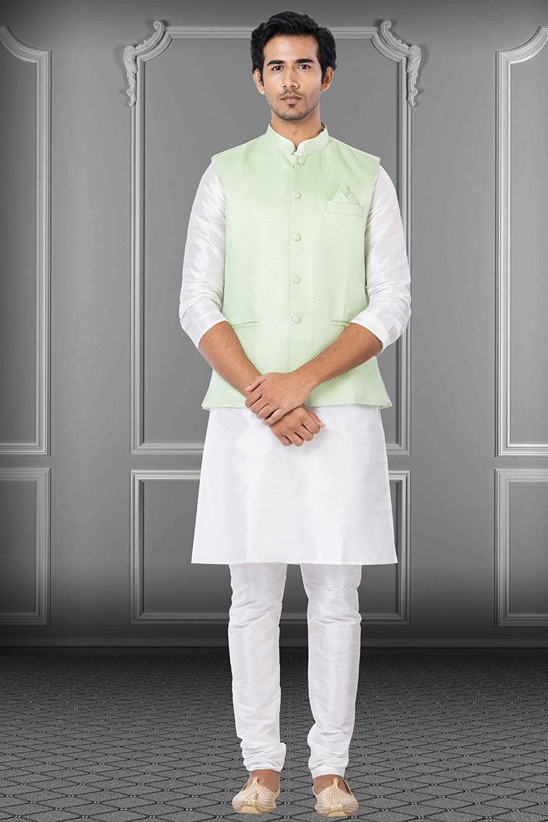 Enticing White and Pista Green Colored Designer Kurta Set