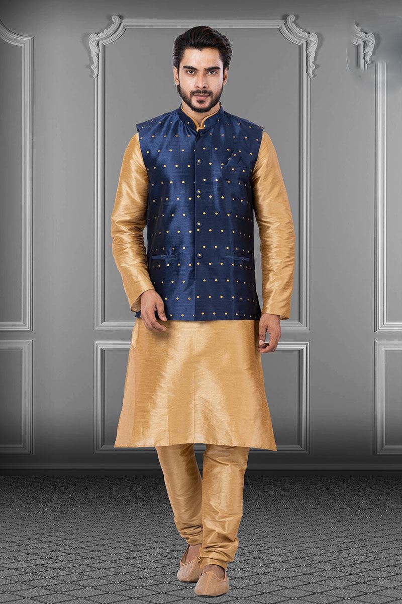 Artistic Golden and Navy Blue Colored Designer Kurta Set