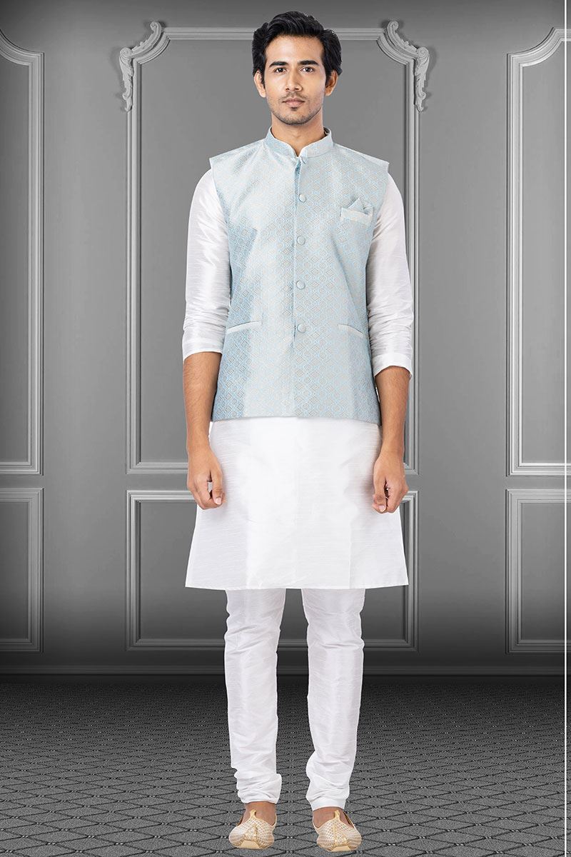 Delightful White and Sea Green Colored Designer Kurta Set