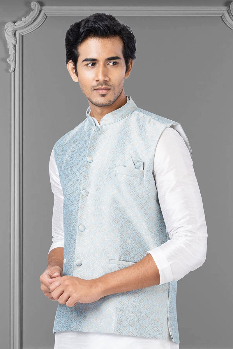 Delightful White and Sea Green Colored Designer Kurta Set