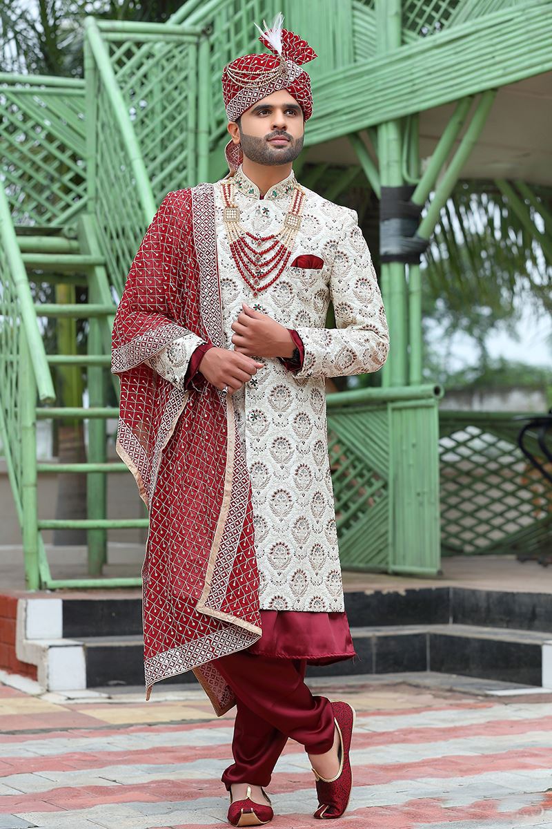 Elegant Off-White Colored Designer Sherwani