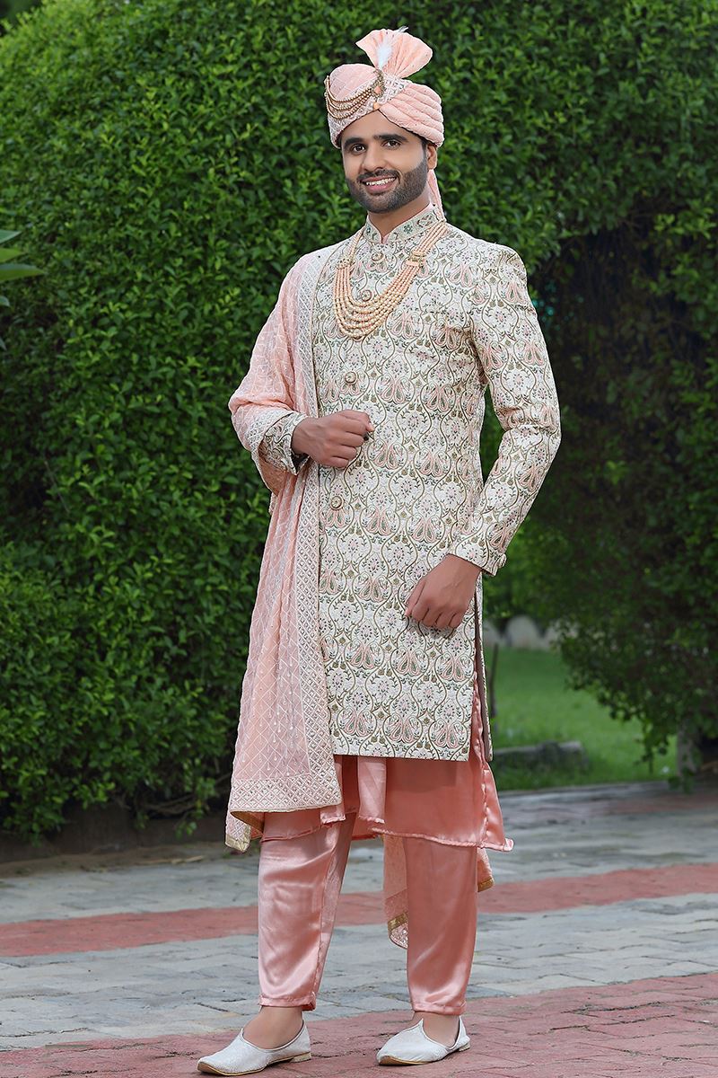 Dashing Off-White Colored Designer Sherwani