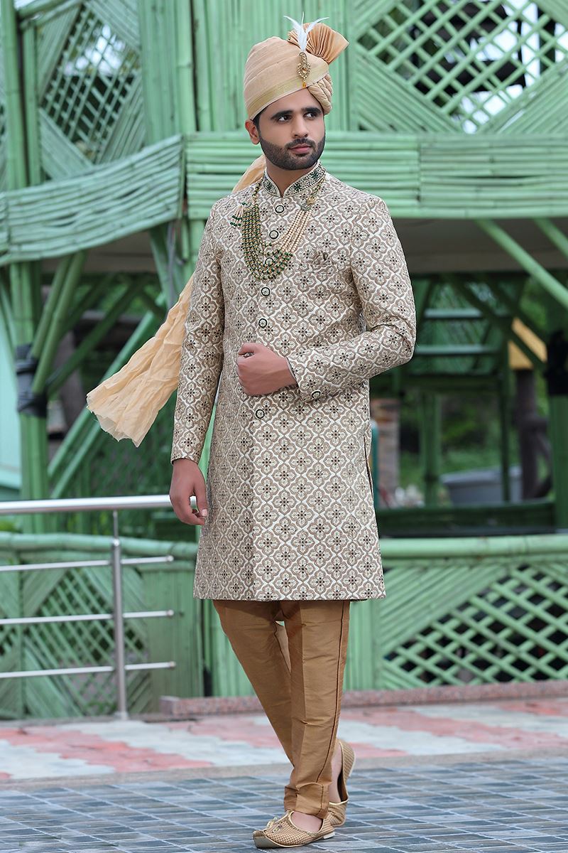 Stylish Off-White Colored Designer Sherwani
