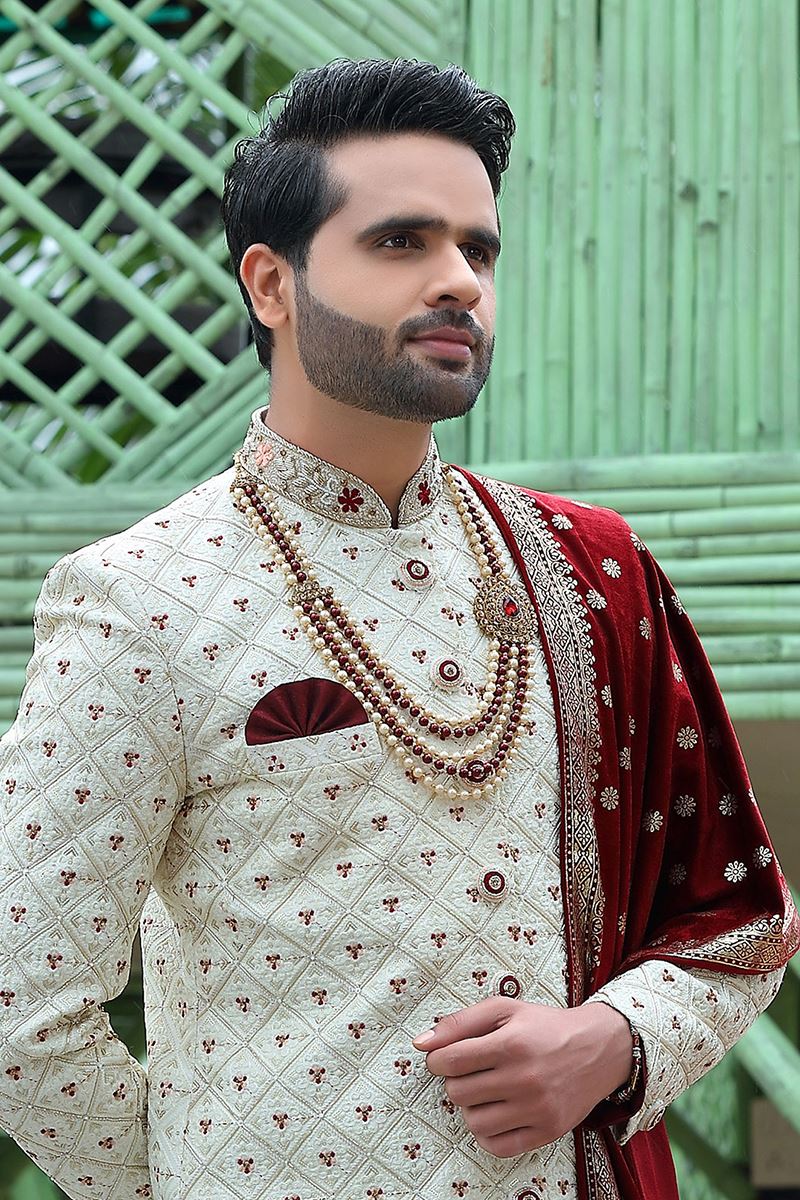 Captivating Off-White Colored Designer Sherwani