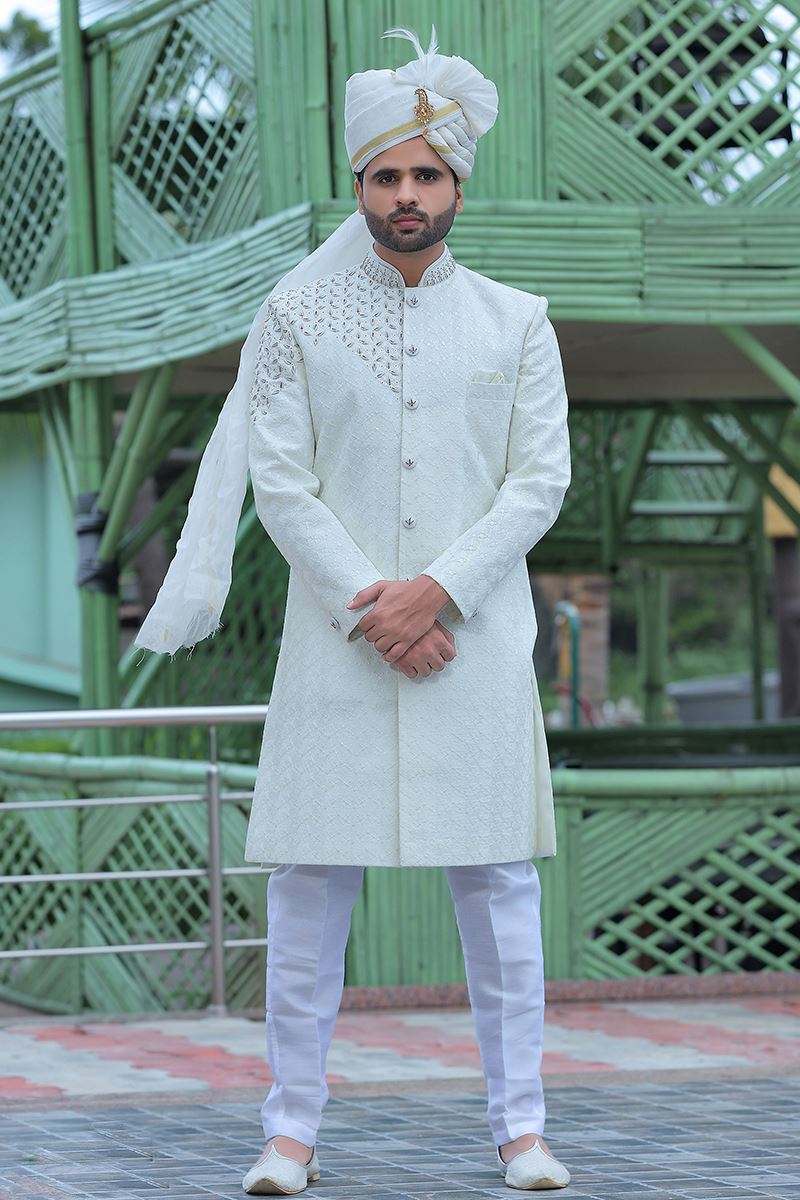 Delightful Off-White Colored Designer Sherwani