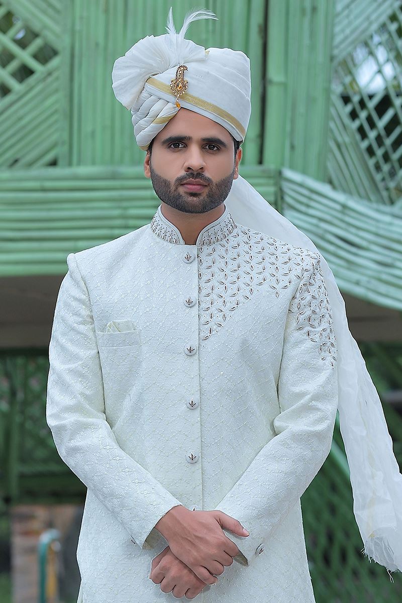 Delightful Off-White Colored Designer Sherwani