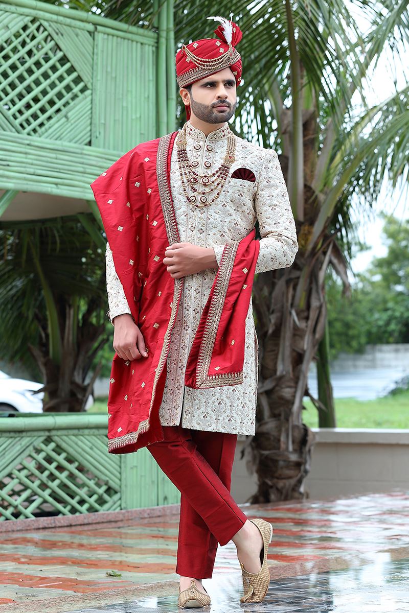 Artistic Off-White Colored Designer Sherwani