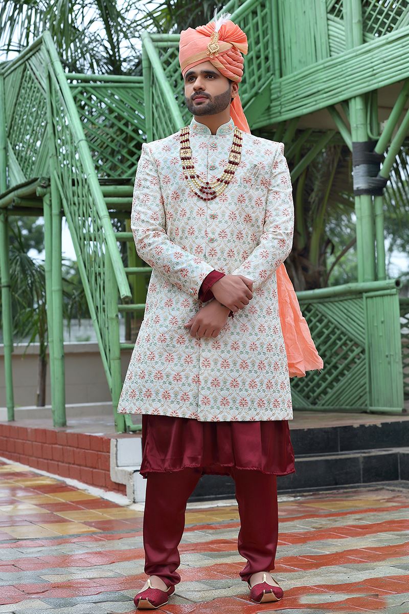 Exuberant Off-White Colored Designer Sherwani