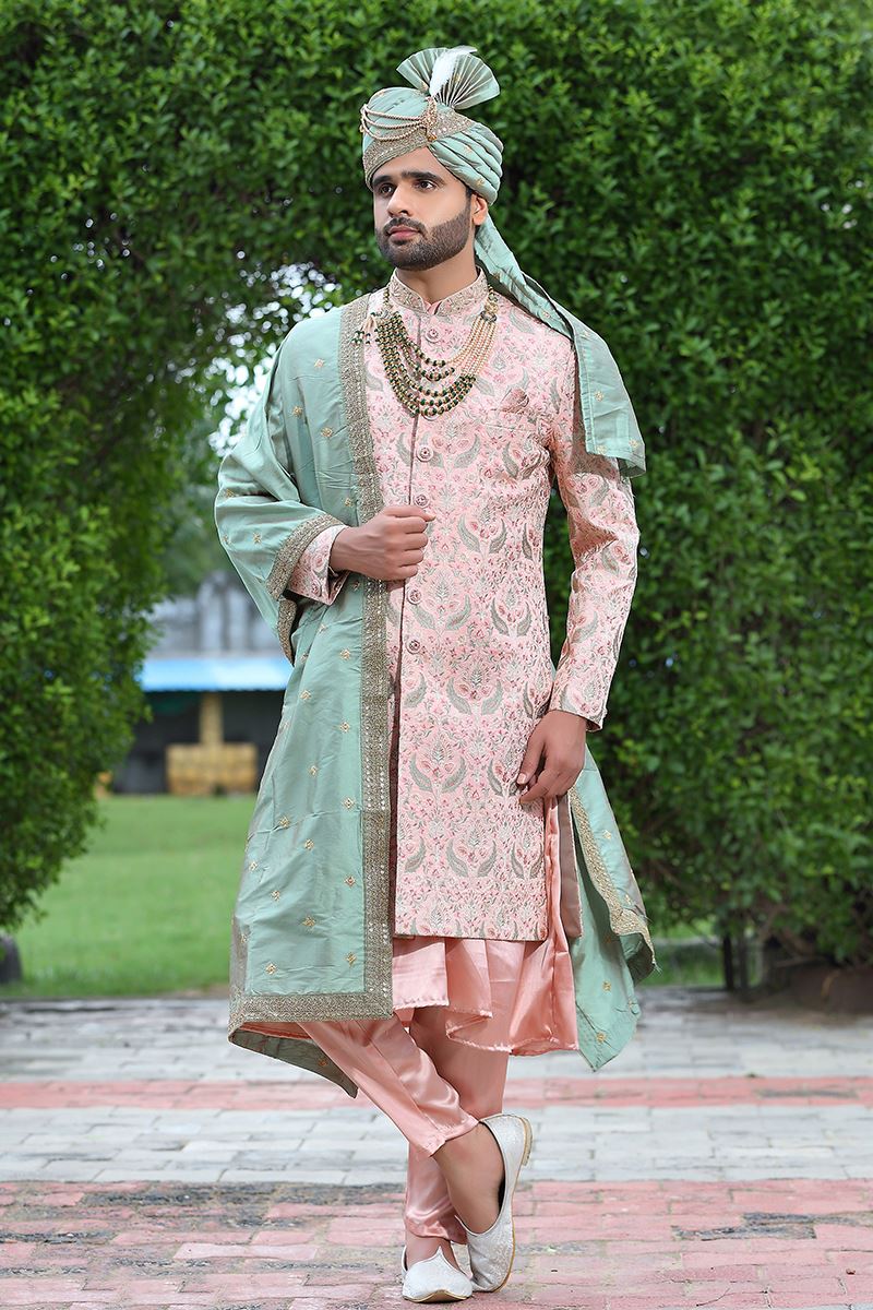 Aesthetic Peach Colored Designer Sherwani