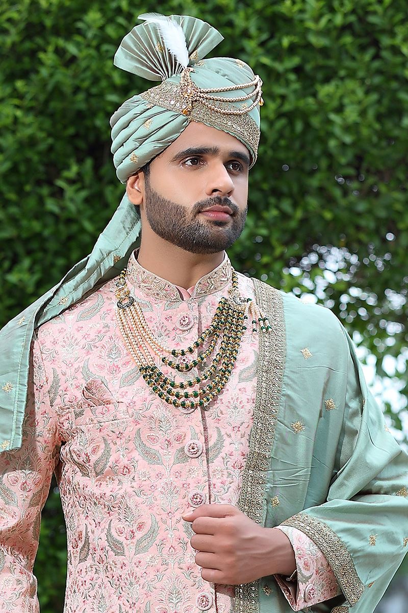 Aesthetic Peach Colored Designer Sherwani