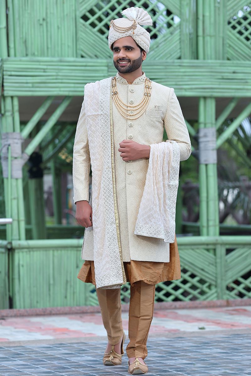 Artistic Cream Colored Designer Sherwani