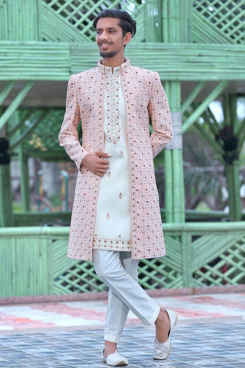 Enticing Light Pink and Off-White Colored Designer Sherwani