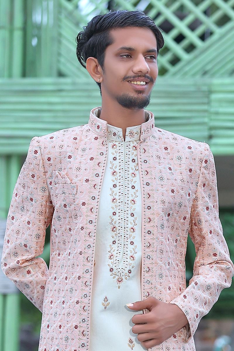 Enticing Light Pink and Off-White Colored Designer Sherwani