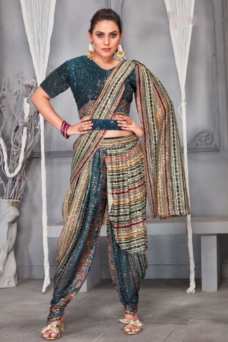 Dashing Teal Colored Dhoti Style Designer Saree