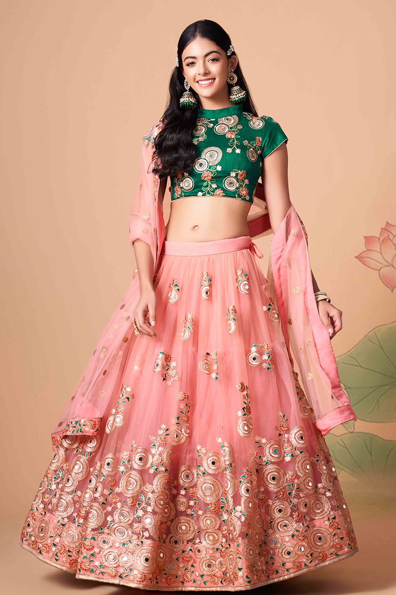 Trendy Peach and Green Colored Designer Lehenga Choli