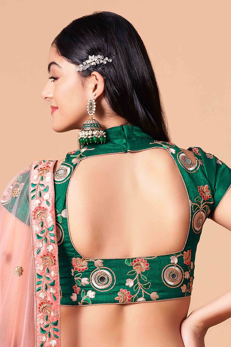 Trendy Peach and Green Colored Designer Lehenga Choli