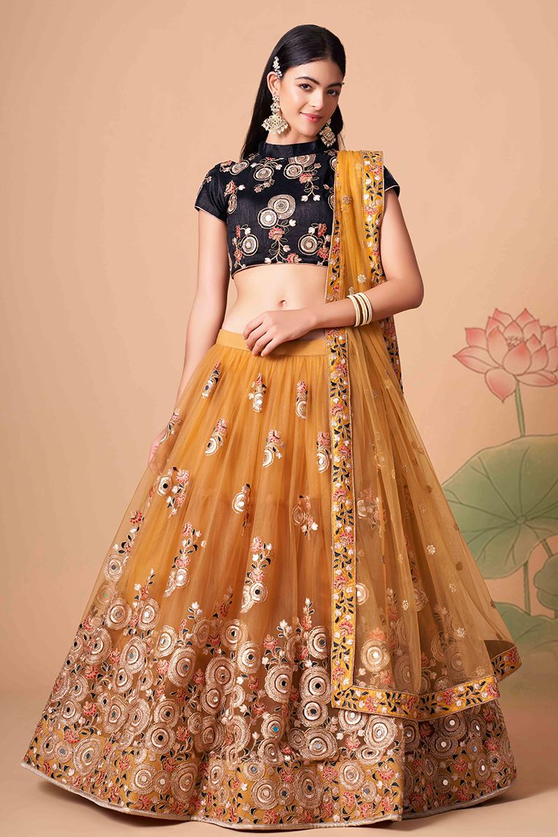 Enticing Mustard and Black Colored Designer Lehenga