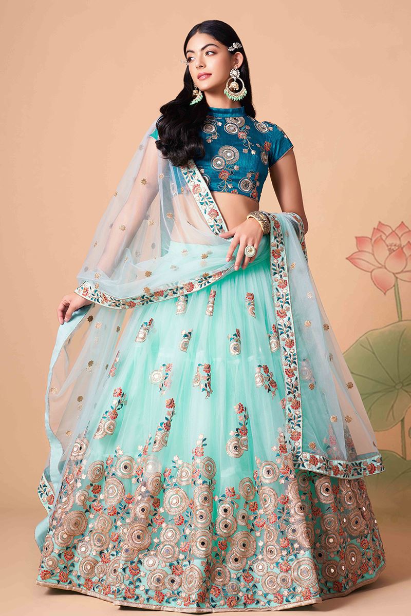 Attractive Sky Blue and Blue Colored Designer Lehenga