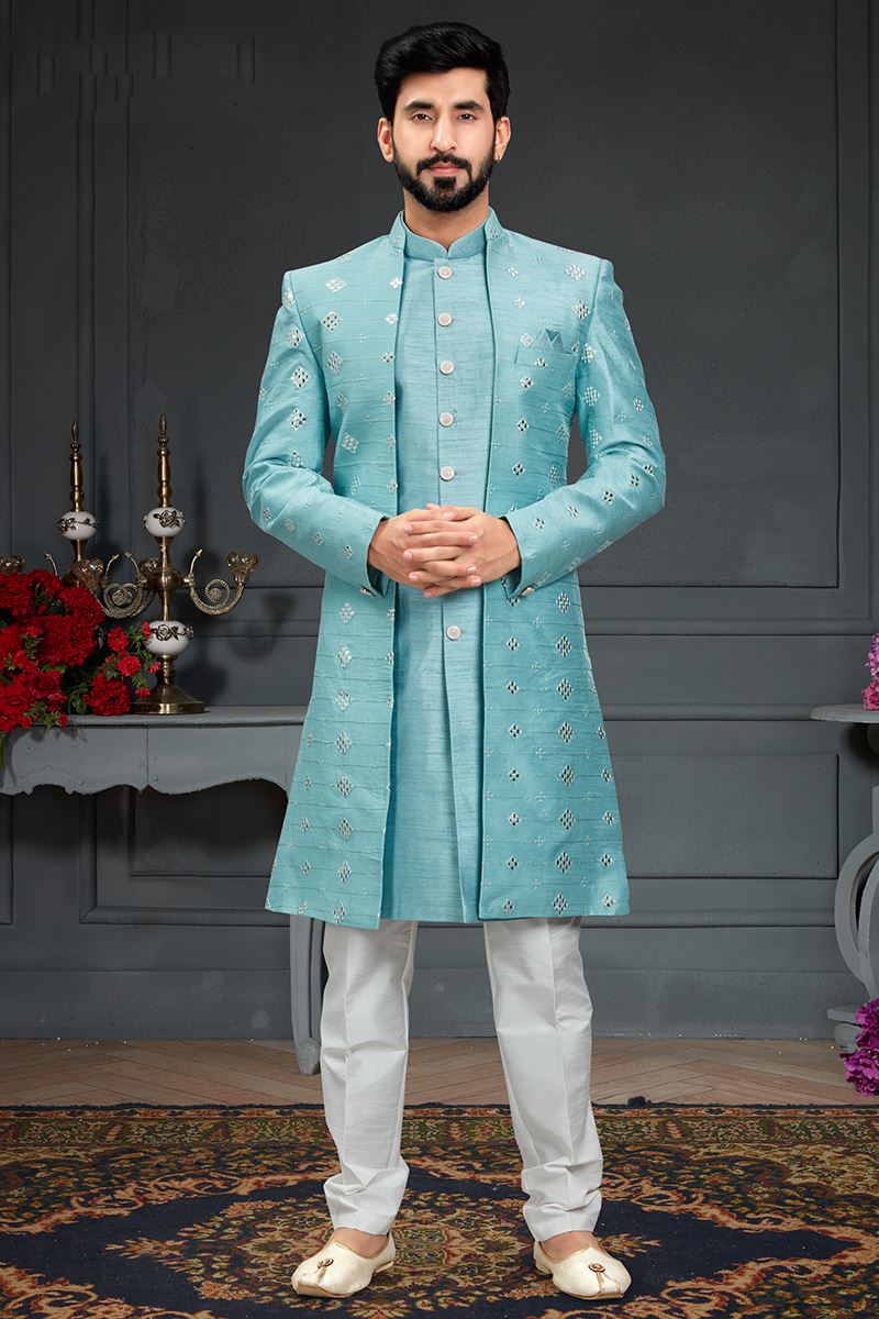Irresistible Aqua Blue Colored Designer Italian Indo Western