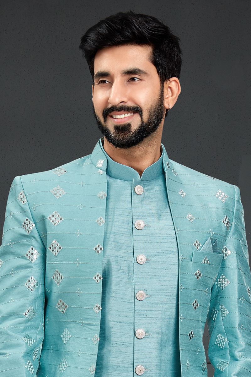 Irresistible Aqua Blue Colored Designer Italian Indo Western