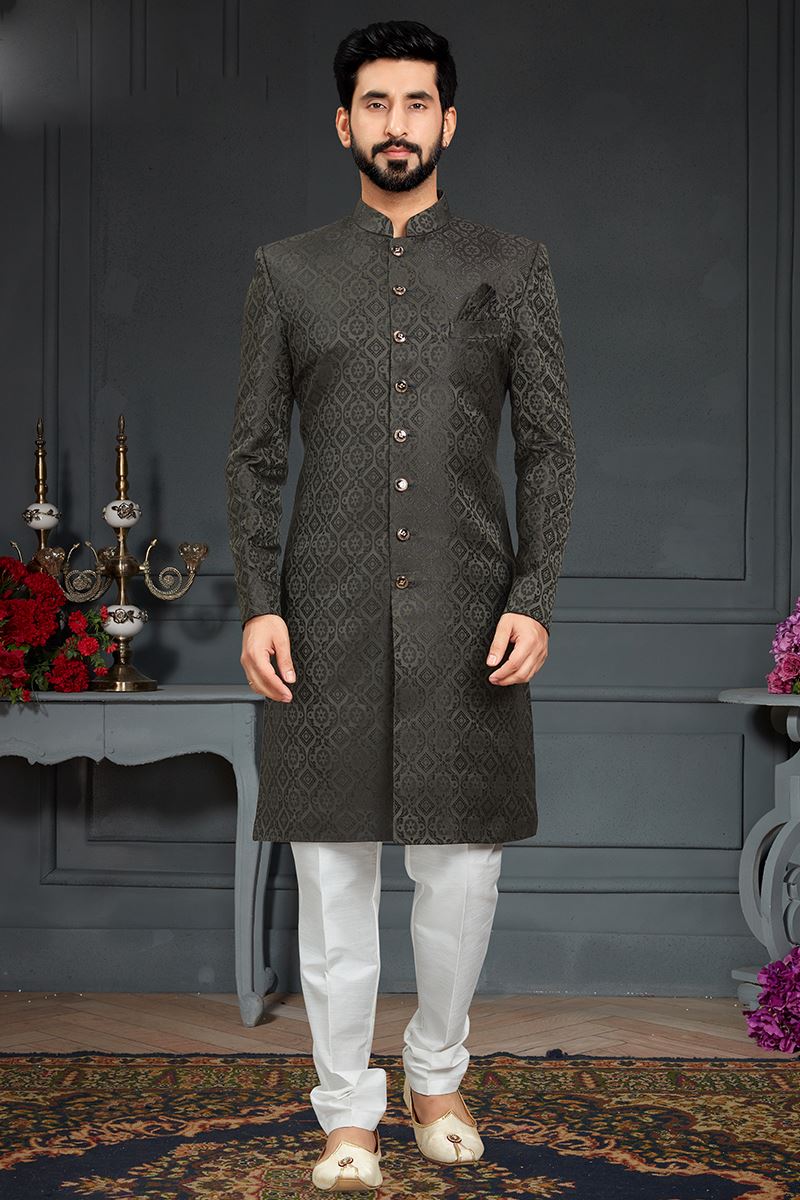 Charming Mehendi Green Colored Designer Nawabi Indo Western